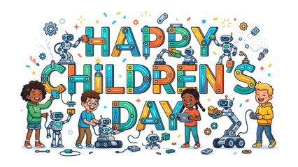 Fototapeta premium Happy Children's Day with Robots: A vibrant illustration celebrating Children's Day, featuring cheerful children and playful robots in a festive and imaginative scene.