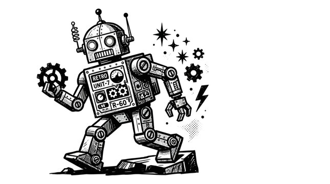Retro Robot Walking with Gear, Black and White Vintage Mechanical Illustration for AI and Automation Concepts