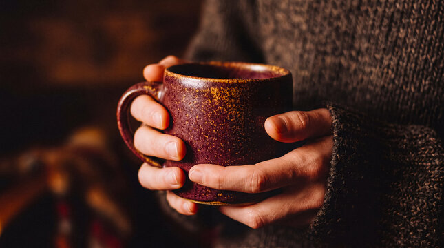 A person's hands gently holding a rustic, textured ceramic mug, evoking feelings of warmth, comfort.