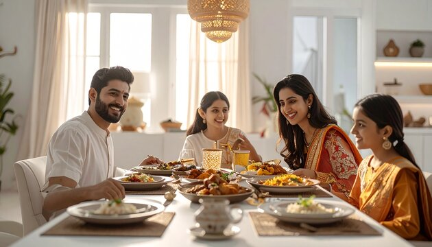 Ultra realistic Pakistani family dinner at modern home, warm lighting, clean white background elements, DSLR quality, authentic emotions, commercial stock photography style, 8k high detail
