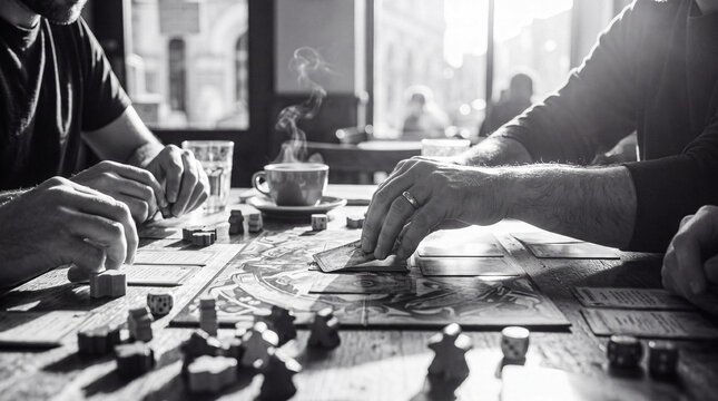 Engaging black and white photograph of friends intensely playing a board game together at a wooden table.