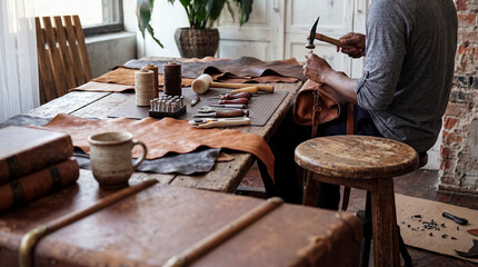 Skilled artisan meticulously crafting a custom leather bag in a rustic workshop setting. © Stephen