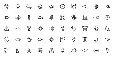 Sea life icon set. Minimal vector icons pack. Featuring scallop, manta ray, whale, turtle, fish, sea urchin, crab, blowfish and more. Editable stroke. © wang