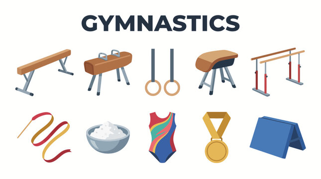 A set of ten colorful flatstyle icons illustrating gymnastics equipment apparel and awards on a white background
