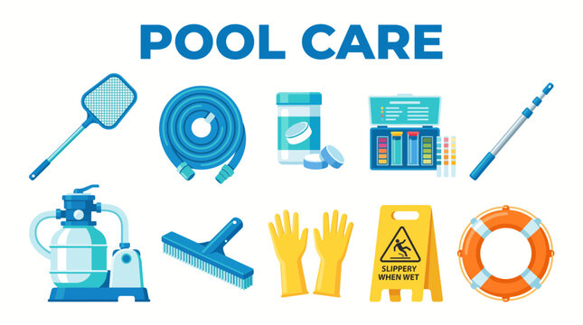 A collection of various pool maintenance equipment and safety items illustrated in a flat vector style
