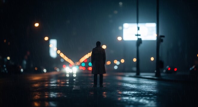 Lone figure stands on wet city street at night with blurred lights.