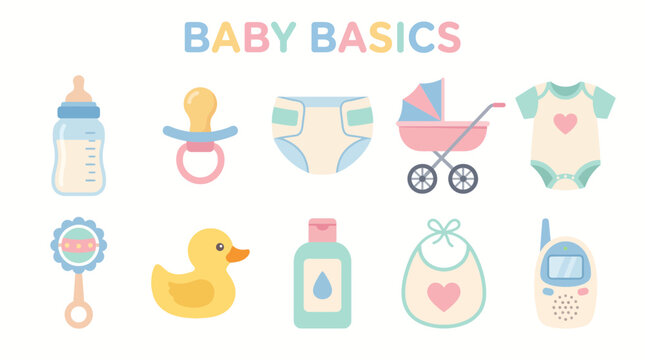 A flatstyle illustration featuring ten icons of baby care items arranged in two rows under the text BABY BASICS
