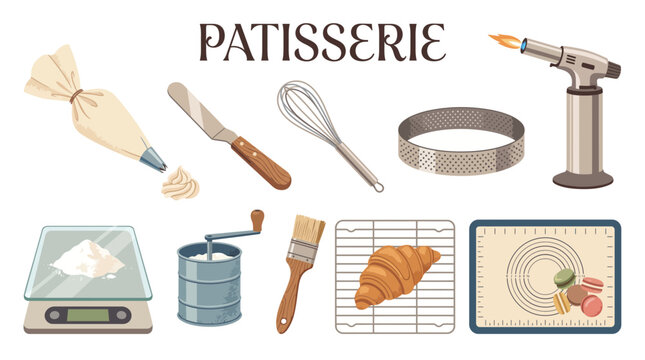 A flatlay illustration of baking tools including a piping bag spatula whisk torch scale sifter brush cooling rack and mat