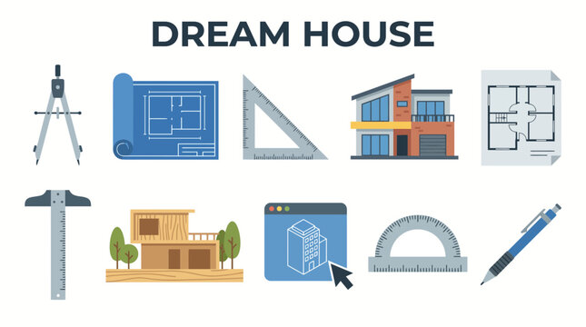 An array of ten architectural design icons on a white background featuring drafting tools floor plans and house illustrations
