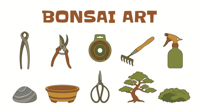 A grid of cartoonstyle icons representing bonsai tools and elements