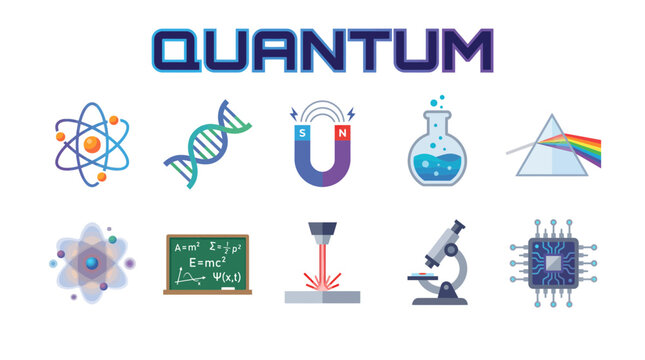 The word QUANTUM sits above two rows of ten colorful science and technology icons on a white background