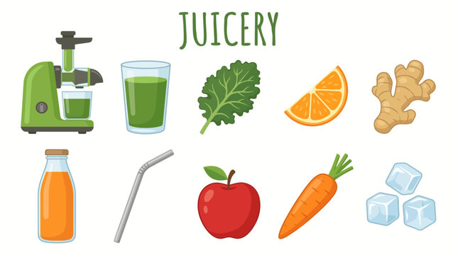 Illustrated collection of juicing equipment and ingredients including a juicer produce and glassware on a white backdrop