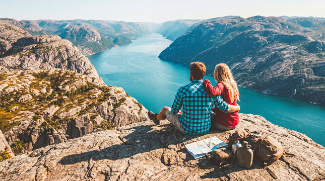 Rear view of a couple sitting on a cliff overlooking a magnificent fjord.