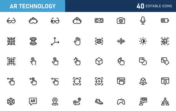 Set of 40 outline icons related to AR technology. Icon collection. Editable stroke. Vector illustration