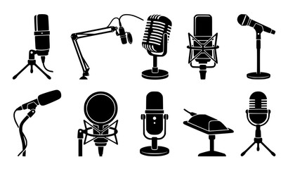 Black and White Microphones on Stand Vector Icons for Studio Audio and Broadcast Design © Sabbir