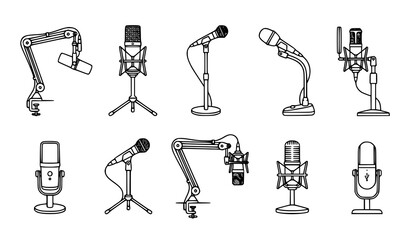 Minimal Microphone Line Art Vector Collection with Studio and Broadcast Stand Designs © Sabbir