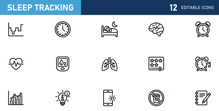 Set of 14 outline icons related to sleep tracking. Icon collection. Editable stroke. Vector illustration