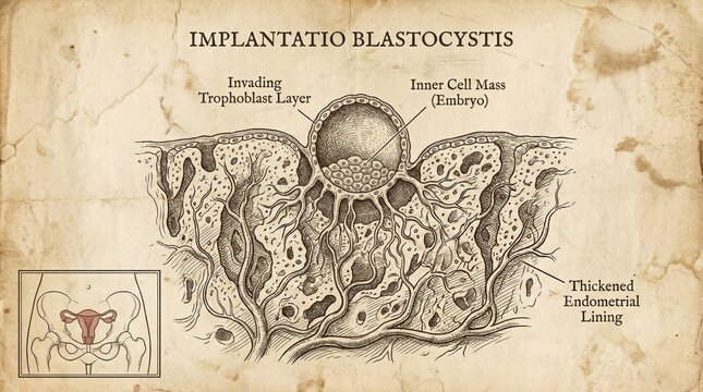 Vintage medical illustration blastocyst implantation uterus diagram.