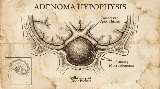 Detailed pituitary adenoma illustration medical diagram brain anatomy health education.