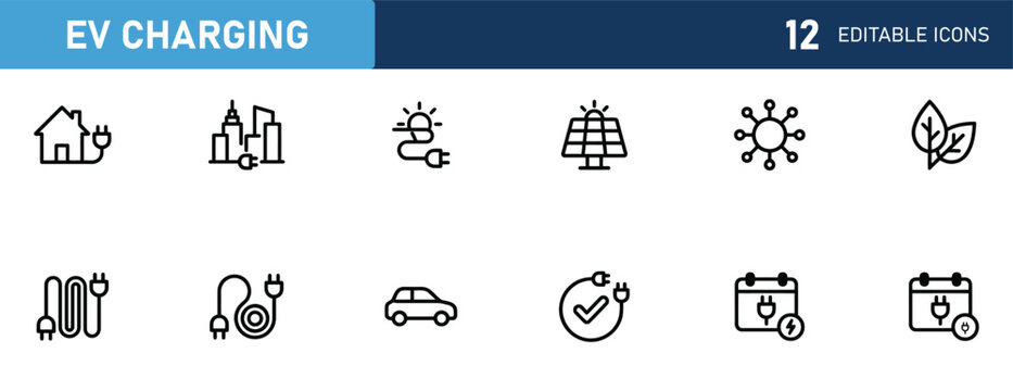 Set of 12 outline icons related to Ev charging. Icon collection. Editable stroke. Vector illustration