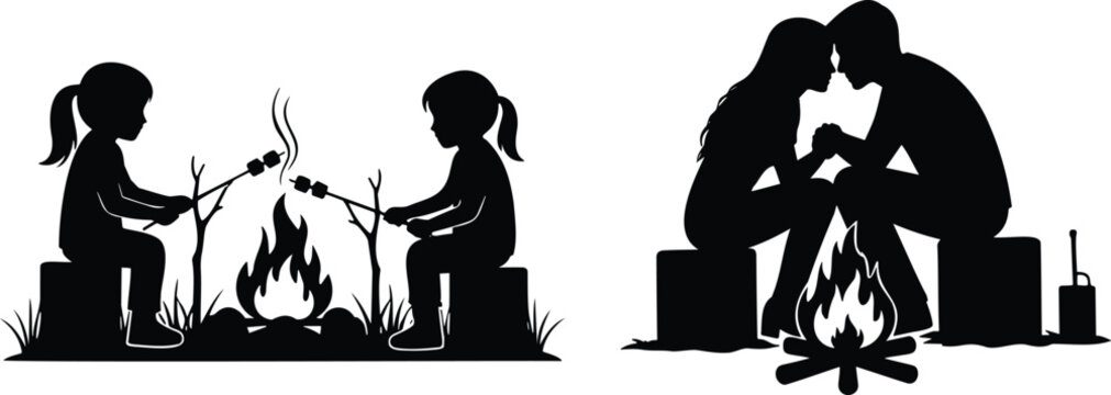 Camping bonfire activity with people and marshmallows vector illustration line art style.