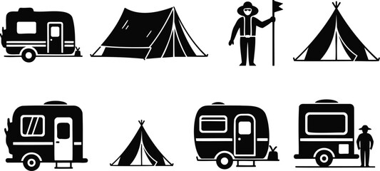 Recreational vehicle and camping tent collection for outdoor travel vector silhouette set. © Silhouette
