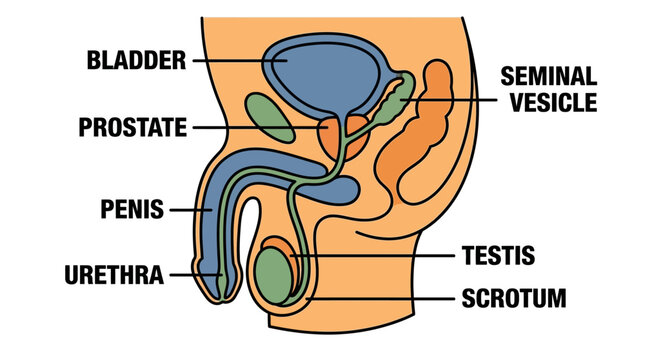 Anatomical Diagram Illustrating The Male Reproductive And Urinary Systems With Labels For Bladder Prostate Seminal Vesicle Penis Urethra Testis And