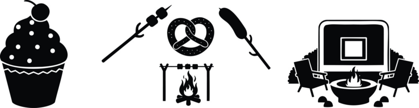 Cupcake pretzel and campfire roasting marshmallows silhouette vector illustration set icons.