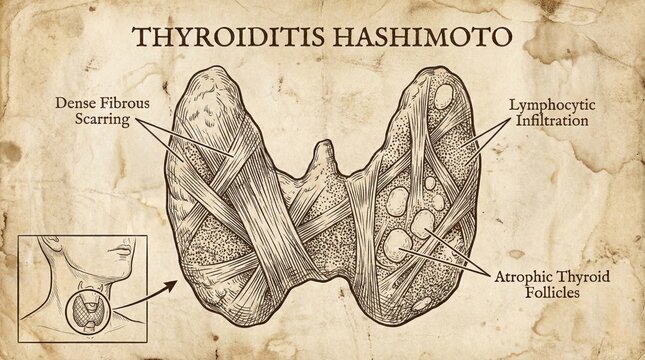 Detailed Hashimoto Thyroiditis Illustration: Medical Diagram Thyroid Gland Anatomy.
