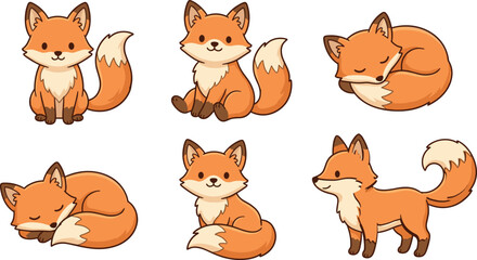 Obraz premium Adorable Red Fox Cartoon Character Vector Illustration Pack Displaying Diverse Poses Including Sitting Standing And Curled Up Sleeping For Childish Designs