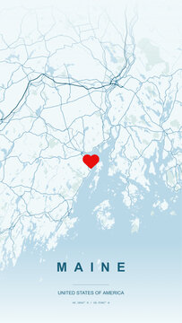 Modern minimalist vector map of Maine, USA. High-quality scalable illustration of Maine state borders, Atlantic coastline, Acadia National Park, and Portland city grid for posters and design.