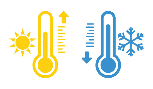 Hot and cold temperature illustration showing thermometers with high and low levels, heat and cold contrast, climate condition indicator, weather temperature