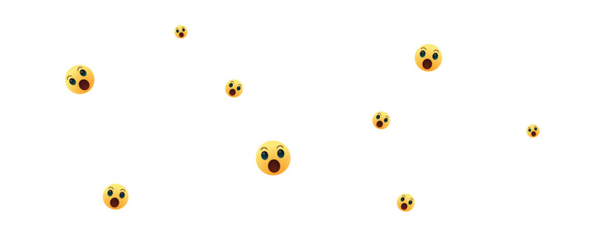 Set of multiple yellow shocked face emojis with wide open mouths expressing surprise and disbelief in a pattern scattered across the frame for social media and digital communication design