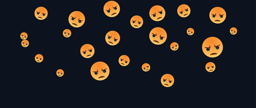 Many angry face emojis with frustrated expressions floating on a dark background pattern