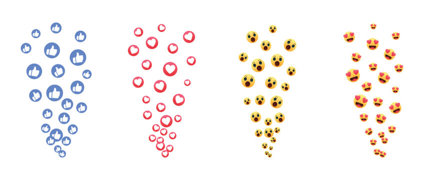 Set of social media reaction icons with like buttons heart symbols laughing faces and surprise emojis floating upwards in streams for digital communication and online engagement design
