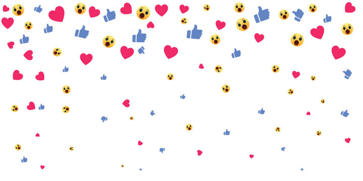 Floating Social Media Reactions Confetti Effect on Transparent Background, Like Love Wow Emoji and Thumbs Up Icons Celebration Vector Pattern