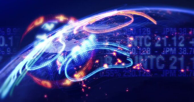 Global business and economy data on digital globe background. Business And Finance Related 3D Animation.