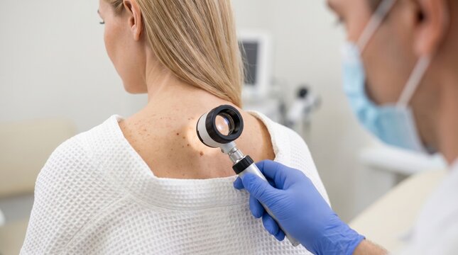 Dermatologist examining skin mole with dermatoscope, professional skin cancer screening, medical dermatology checkup for melanoma prevention