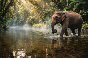 Fototapeta premium Sri Lankan Elephant Crossing River at Sunrise in Dense Jungle – Cinematic Wildlife 8K Nature Scene