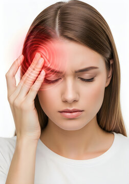 Woman with headache touching her forehead