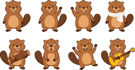 Fototapeta premium Cute Beaver Character Collection Featuring Funny Woodland Animal Poses with Guitar Scarf Log Carrying and Cheerful Cartoon Vector Illustration Set