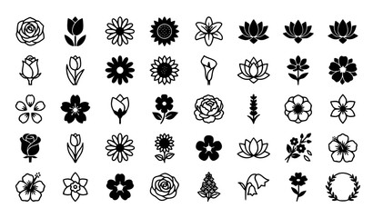 Collection of minimalist spring flower icons with outline and solid silhouette shapes including chamomile sunflower iris and hibiscus blooms for logo tattoo wedding design. © Hosneara