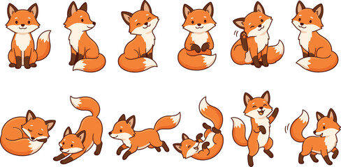 Fototapeta premium Cute Fox Character Mega Collection Featuring Playful Sitting Sleeping Running Dancing and Smiling Woodland Animals in Cartoon Vector Illustration Style