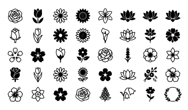 Collection of minimalist spring flower icons with outline and solid silhouette shapes including chamomile sunflower iris and hibiscus blooms for logo tattoo wedding design.