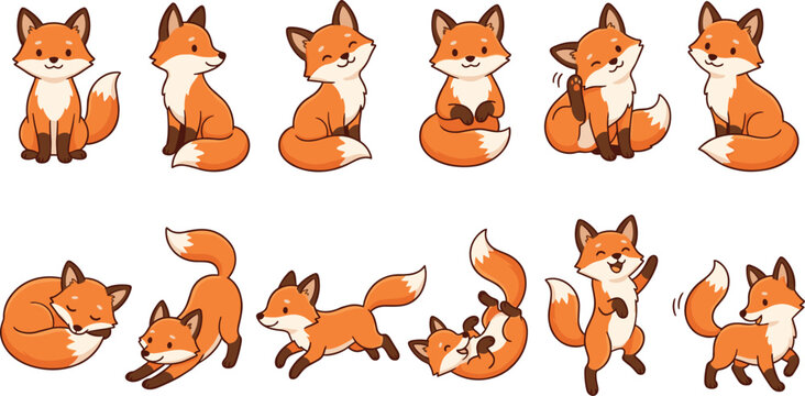 Cute Fox Character Mega Collection Featuring Playful Sitting Sleeping Running Dancing and Smiling Woodland Animals in Cartoon Vector Illustration Style