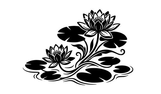 Blooming lotus water lily flower stencil vector illustration featuring black floral silhouettes elegant lily pads and curved organic stems isolated on white background.