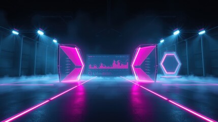 Fototapeta premium Futuristic corridor. Neon lights illuminate dark space. Fog creates dramatic effect. Digital display visible. Minimalist design.
