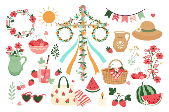 Hand drawn Midsummer illustrations set. Colorful flat  vector collection featuring essential symbols of Sweden midsommar festival.