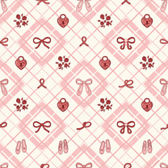 Coquette aesthetic seamless pattern, pink plaid background with ballet slippers and bows, romantic heart locks and roses vector wallpaper © Sameer