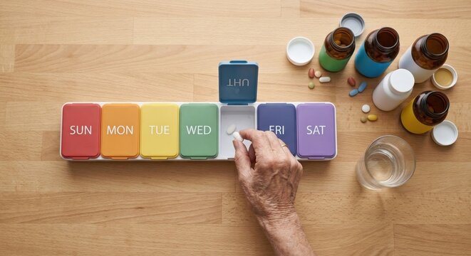 Flat lay of elderly hands organizing a full rainbow weekly pill dispenser with colorful medication. Senior healthcare routine daily vitamins management home medical support polypharmacy schedule